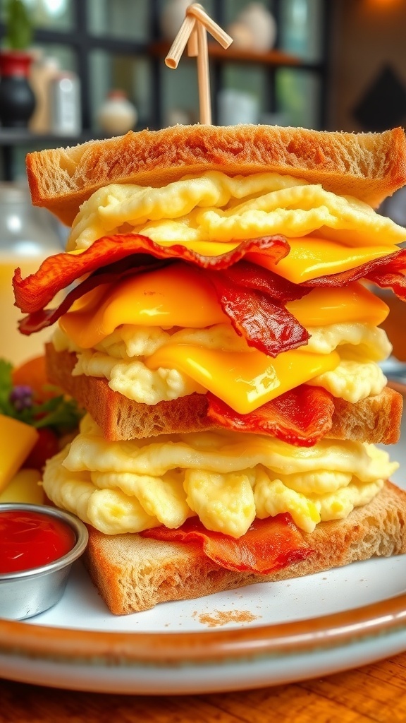 A savory brunch sandwich with scrambled eggs, bacon, and cheese on toasted bread, served with fruit and ketchup.